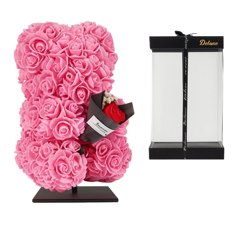 Beer DELUXE op Standaard – Roze Foam met Boeket